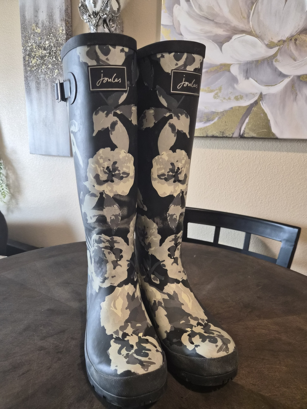 Joules Floral Tall Rain Boots / Wellies – Black & Cream – Women’s Sz 8